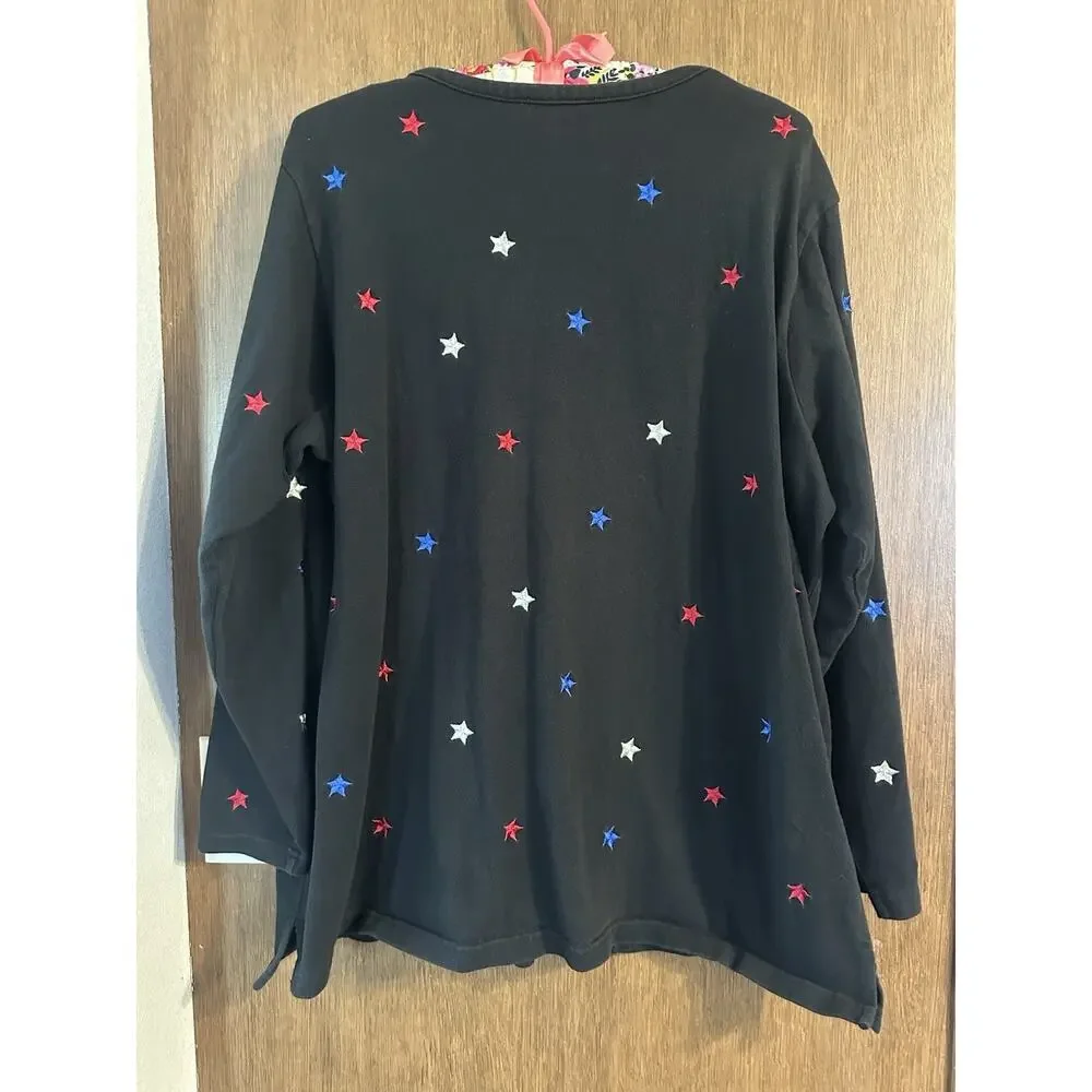 Vintage The Quaker Factory 1x black cardigan embrodiered stars USA 100% cotton - Picture 2 of 7